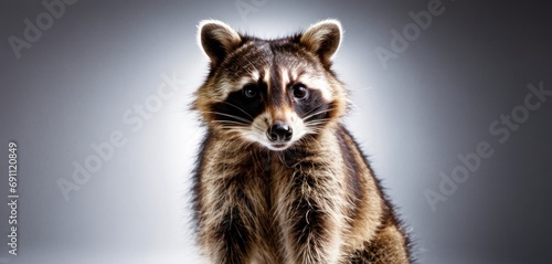  a close up of a raccoon on a white background with a blurry image of the raccoon.