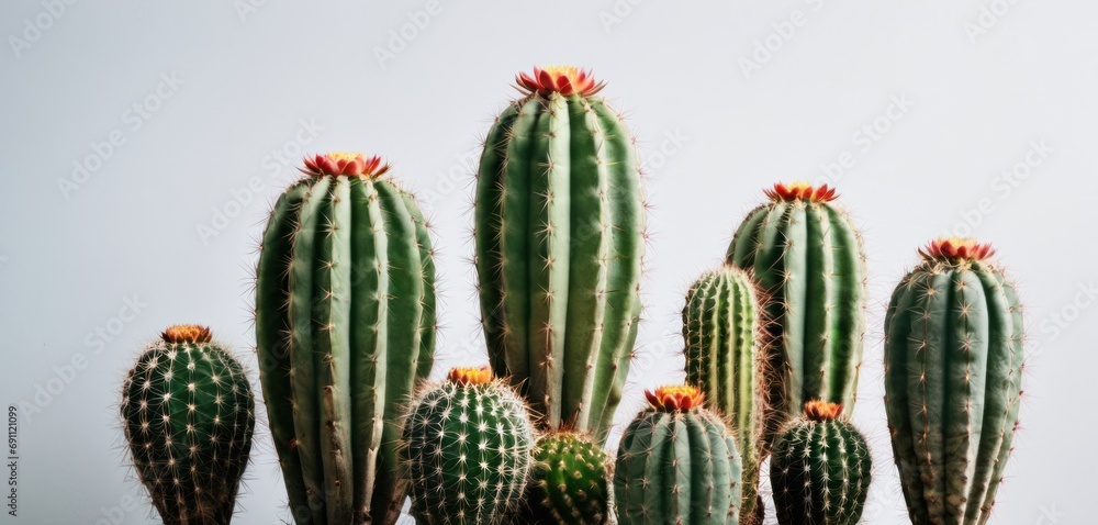 a group of cacti that are standing next to each other on a white and gray background with a sky in the background. a group of cacti that are standing next to each other on a white and gray background with a sky in the background.