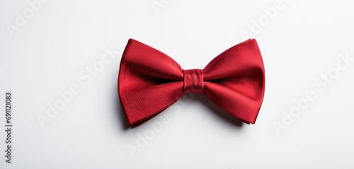  a close up of a red bow tie on a white background with a clipping out of the top of the bow.