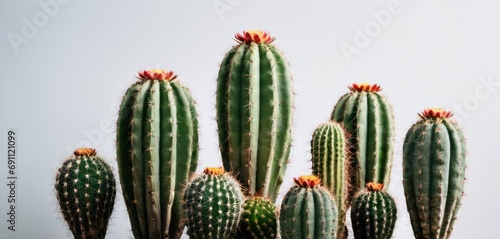  a group of cacti that are standing next to each other on a white and gray background with a sky in the background.