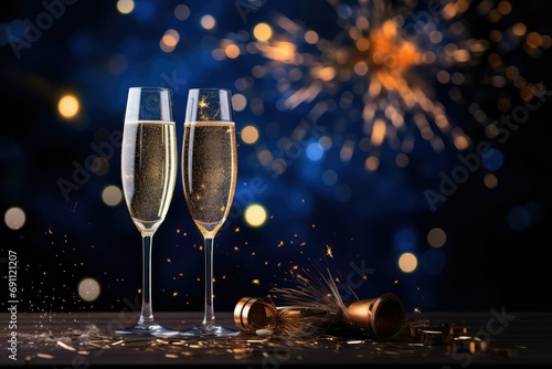 Festive New Year's Eve champagne toast amidst sparkling fireworks and lights