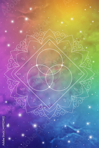 Flower of life sacred geometry spiritual new age futuristic illustration with transmutation interlocking circles, triangles and glowing particles in front of cosmic background