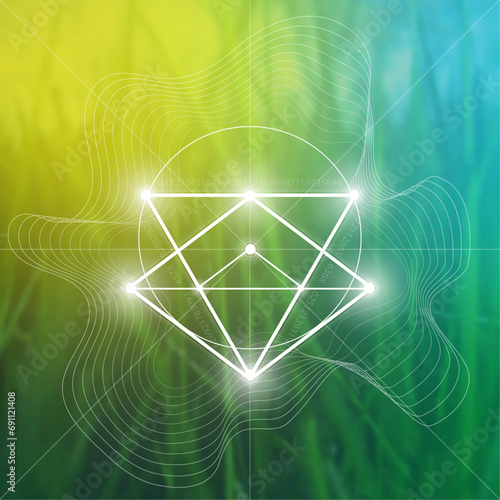 Sacred geometry spiritual new age futuristic illustration with transmutation interlocking circles, triangles and glowing particles