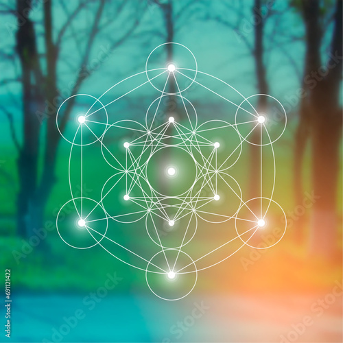 Merkaba. Sacred geometry spiritual new age futuristic illustration with transmutation interlocking circles, triangles and glowing particles