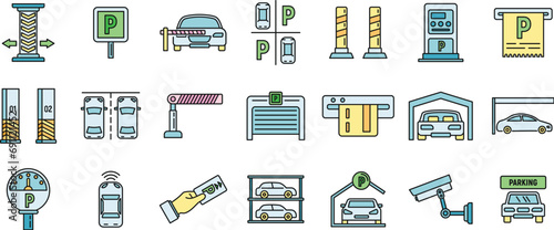Underground parking garage icons set. Outline set of underground parking garage vector icons thin line color flat on white