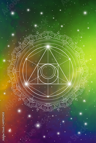 Philosopher stone sacred geometry spiritual new age futuristic illustration with transmutation interlocking circles, triangles and glowing particles in front of cosmic background