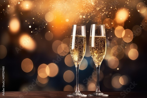 New Year's Eve champagne cheers with dazzling fireworks and blurred background