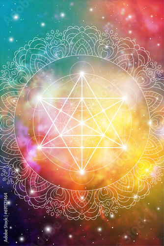 Merkaba sacred geometry spiritual new age futuristic illustration with transmutation interlocking circles, triangles and glowing particles in front of cosmic background