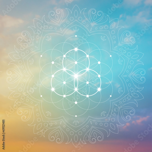 Flower of life. Tree of life. Sacred geometry spiritual new age futuristic illustration with transmutation interlocking circles, triangles and glowing particles