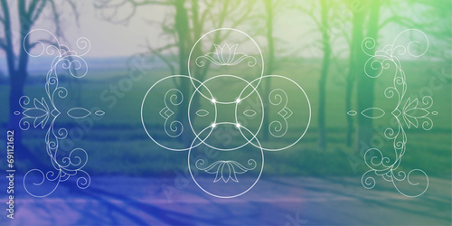 Flower of life. Tree of life. Sacred geometry spiritual new age futuristic illustration with transmutation interlocking circles, triangles and glowing particles