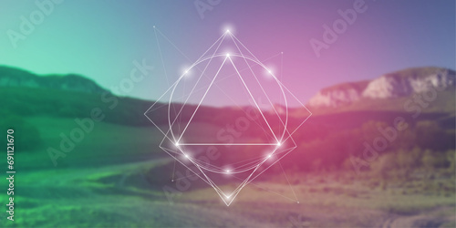 Sacred geometry spiritual new age futuristic illustration with transmutation interlocking circles, triangles and glowing particles