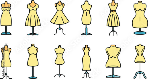 Mannequin atelier icons set. Outline set of mannequin atelier vector icons thin line color flat on white