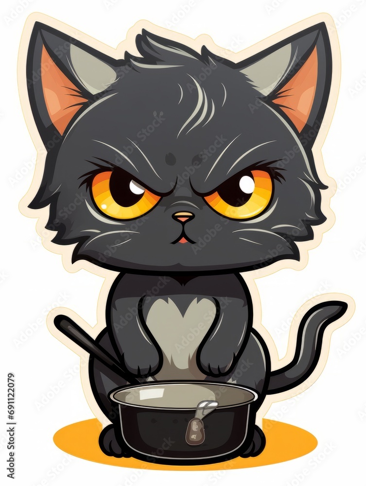 Cartoon sticker evil kitten in a kitchen pan, AI
