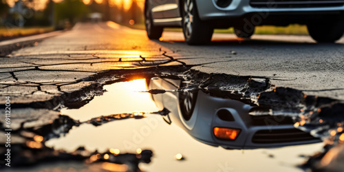 Close-up of a damaged asphalt road with a large pothole filled with water, reflecting sunlight near the wheel of a car, highlighting infrastructure issues photo