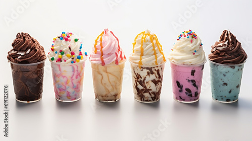 Variety of ice cream flavors in cups overhead on white copy space created with Generative Ai photo