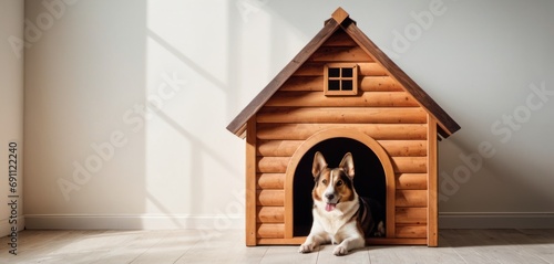  a brown and white dog sitting in a wooden dog house on a hard wood floor next to a white wall.
