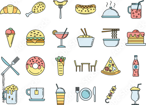 Festival food courts icons set. Outline set of festival food courts vector icons thin line color flat on white