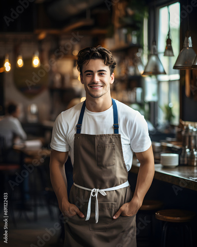 a barista wearing an apron with a coffee shop in the background