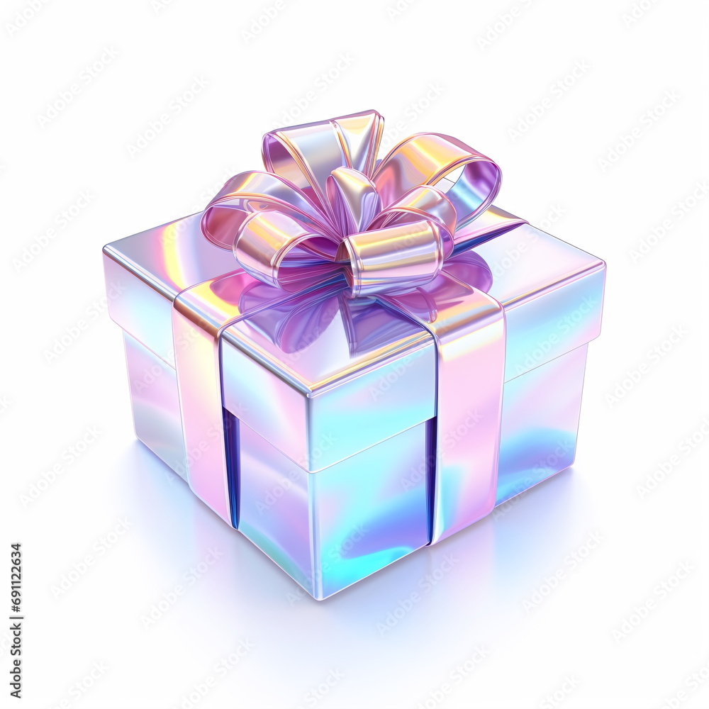 trendy holographic gradient modern gift isolated on white background. Futuristic gift in the style of holographic, retro futurism, webpunk. Object in hologram color.Generative ai trendy holographic gradient modern gift isolated on white background. Futuristic gift in the style of holographic, retro futurism, webpunk. Object in hologram color.Generative ai