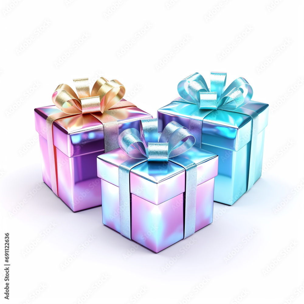 Obraz premium trendy holographic gradient modern three gift isolated on white background. Futuristic gift in the style of holographic, retro futurism, webpunk. Object in hologram color.Generative ai