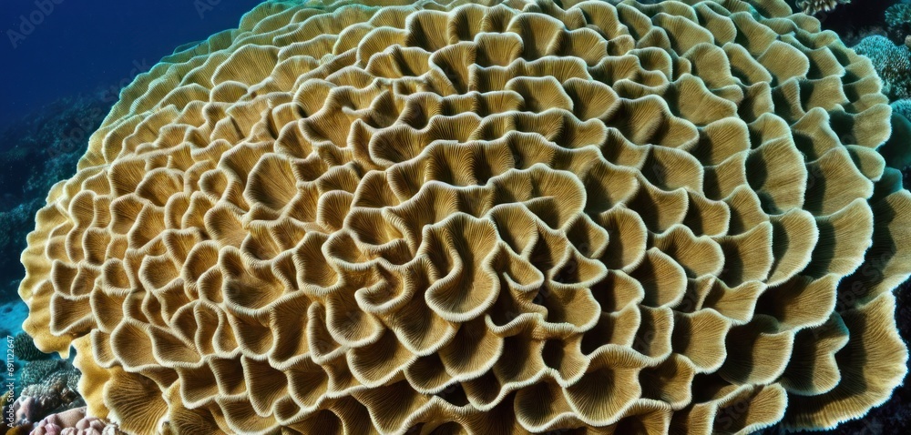  a close up of a bunch of corals on the ocean floor with a blue sky in the back ground.