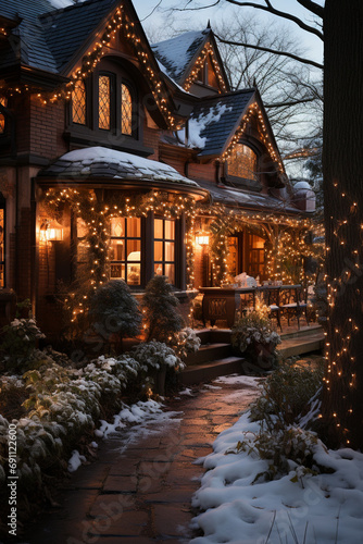 A photo of a house with a garden decorated with Christmas lights, it’s snowing, nighttime, cosy village