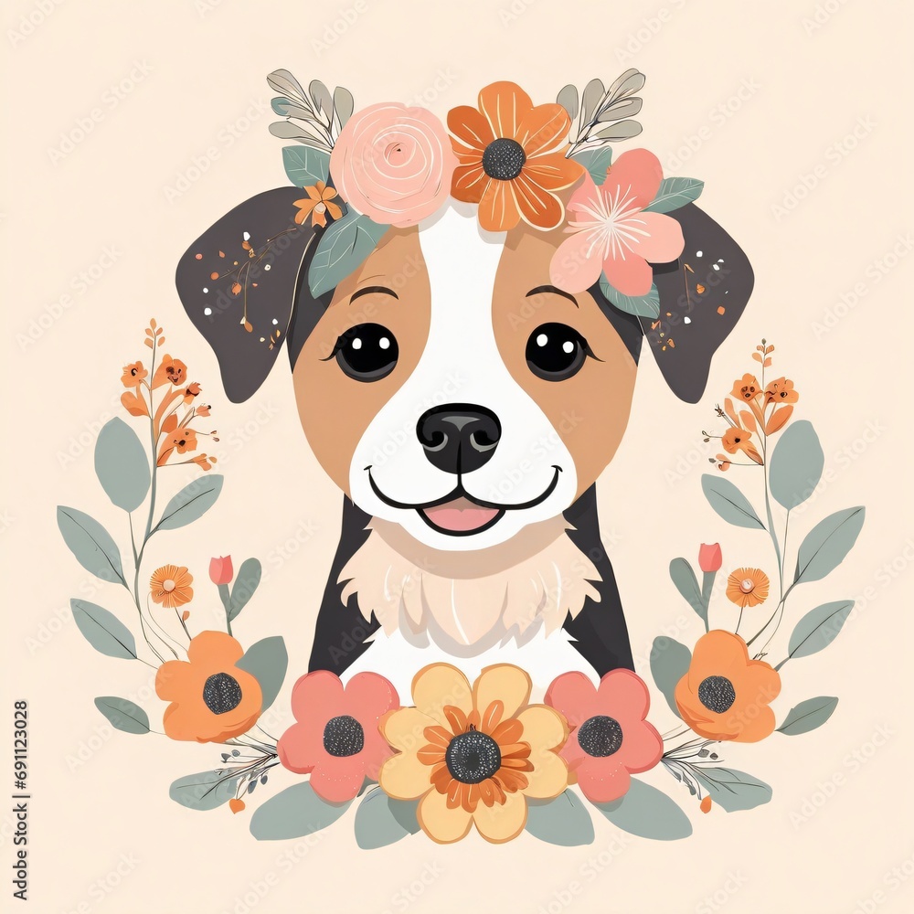 Floral Baby Dog Nursery Illustration. Generated Ai Floral Baby Dog Nursery Illustration. Generated Ai