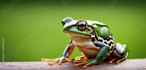  a close up of a frog sitting on a piece of wood with a blurry back ground in the background.