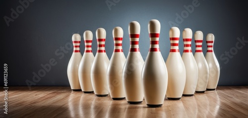 Canvas Print a group of white bowling pins lined up in a row on a wooden floor in front of a dark background
