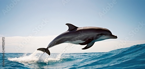  a dolphin jumping out of the water with it's mouth open and it's head above the water. © Jevjenijs