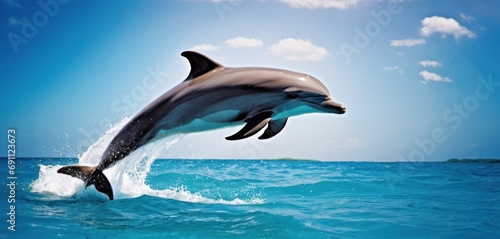  a dolphin jumping out of the water with its mouth open and it's head above the water's surface. © Jevjenijs