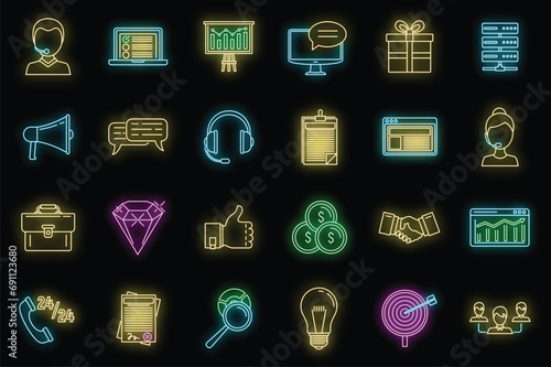 CRM platform icons set. Outline set of CRM platform vector icons neon color on black
