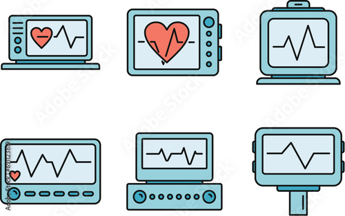 Medical electrocardiogram icons set. Outline set of medical electrocardiogram vector icons thin line color flat on white
