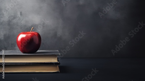  a red apple sitting on top of a stack of books on top of a black table next to a gray wall with smoke coming out of the back of it. photo