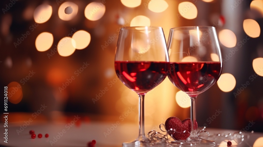A close-up of two wine glasses with red and white wine, toasting against a backdrop of a beautifully decorated Valentine's Day room