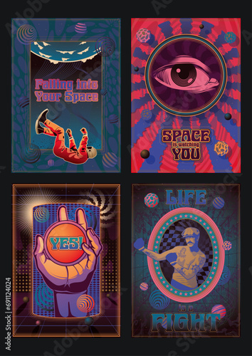 Psychedelic Style Abstract Posters Template Set: Astronaut in Outer Space, Engraving Eye, Retro Boxer Gentleman in Cap, Hand. Psychedelic Colors and Geometric Shapes 