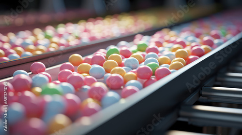 Automated preparation of pastel colors sweets, candy factory conveyor belt, food industry, filling and packaging of colorful candies. photo