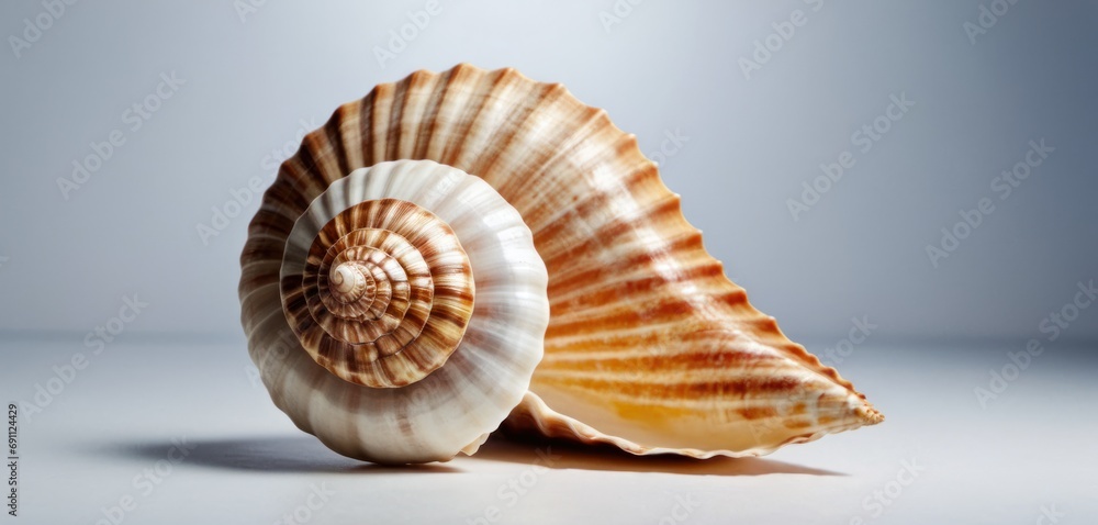  a close up of a sea shell on a white surface with a light reflection on the back of the shell.