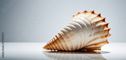  a close up of a sea shell on a white surface with a reflection of the sea in the water behind it.