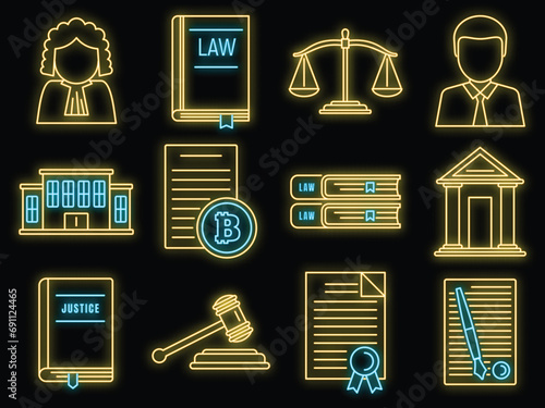 City legislation icons set. Outline set of city legislation vector icons neon color on black photo
