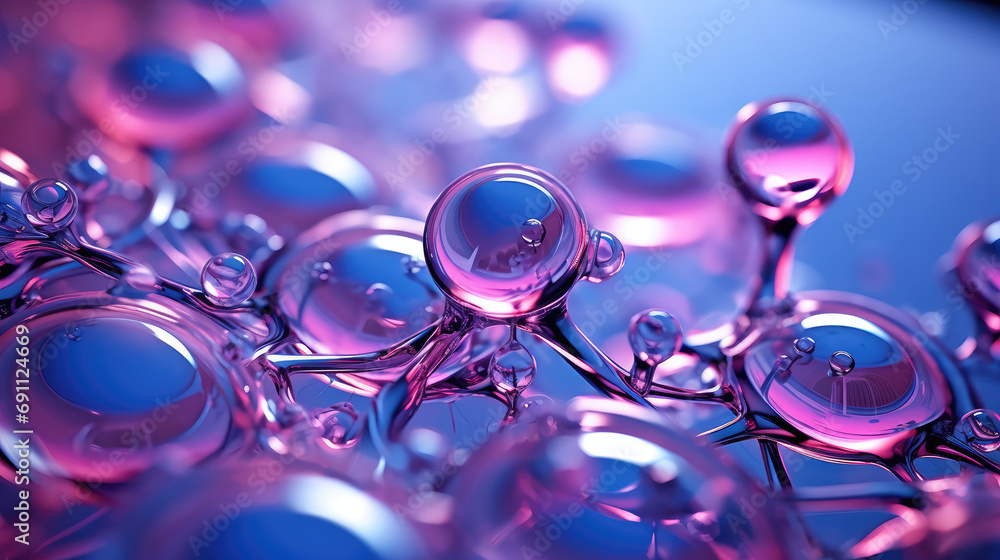 Macro wallpaper with Ionized H2O purple water molecules balls, electrolysed, microscopic composition. 3d render style, science and chemistry, moisturizing and hydration. - obrazy, fototapety, plakaty 