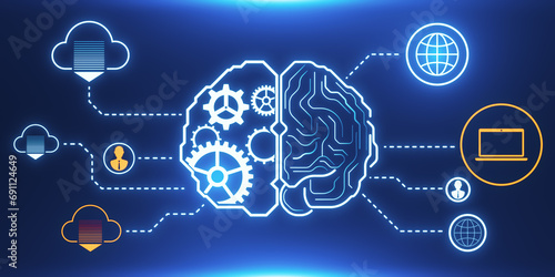 Creative digital brain hologram with cogwheels and various connected icons on blue background. Invention, ai and innovation concept. 3D Rendering. photo