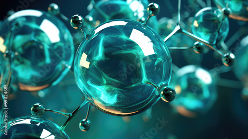 Macro wallpaper with glossy Ionized H2O water molecules balls, electrolysed, microscopic composition. 3d render style, science and chemistry, moisturizing and hydration. photo