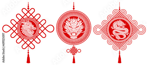 Set of Chinese knots with tassel, which using in lunar new year celebration, for good luck and fortune. With drawings of dragon silhouettes, symbol of 2024 Chinese New Year. Vector illustration