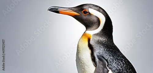  a close up of a penguin with an orange beak and a black and white body and a light gray background. © Jevjenijs