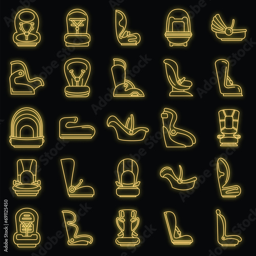 Modern baby car seat icons set. Outline set of modern baby car seat vector icons neon color on black
