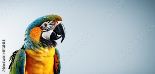  a close up of a colorful bird with a blue and yellow beak and a black and white stripe on it's face.