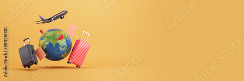 World travel scene with luggage, plane, and passports on a wide yellow background. International travel theme. 3D Rendering photo