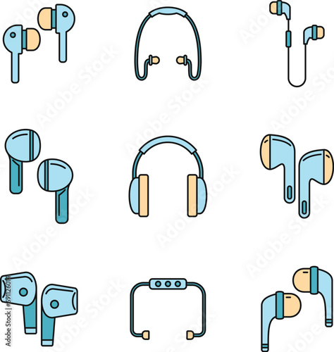 Personal wireless earbuds icons set. Outline set of personal wireless earbuds vector icons thin line color flat on white