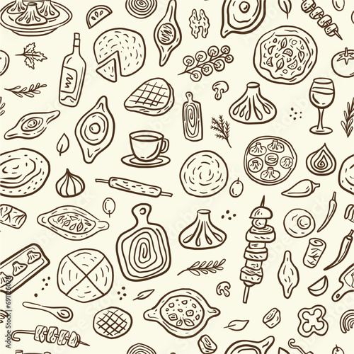 Vector pattern of traditional Georgian cuisine: shish kebab, khinkali, khachapuri, wine, tortillas. The illustration is hand-drawn in the style of a doodle.	